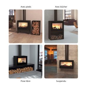 Poêle à bois suspendu, pose libre, sur pieds ou avec bûcher - BRONPI Cairo 70 Box 12 kW